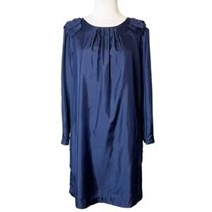 Elizabeth McKay navy blue bow shoulder silk dress sz 14